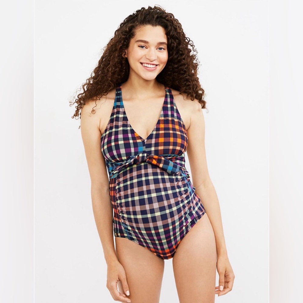 Motherhood Maternity Plaid Multicolor One Piece V- Neckline